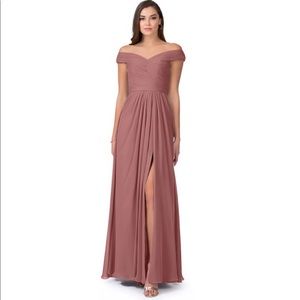 Azazie Audrianna Off Shoulder Slit Chiffon Desert Rose Bridesmaid Dress A12